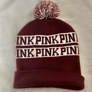 PINK Victoria's Secret Maroon and White Pom-Pom Beanie with Logo